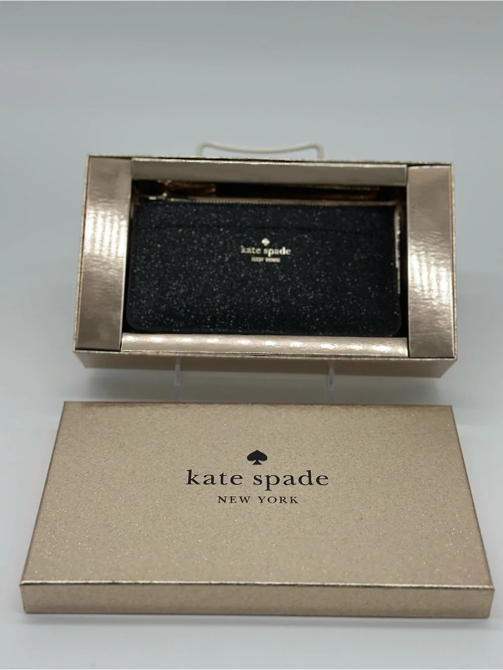 kate spade Gold Glitter Wristlet with Subtle Black Label